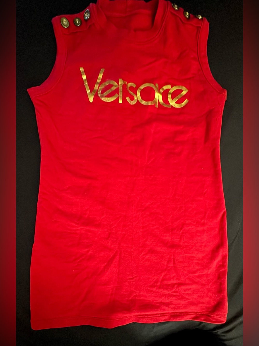 Red Sleeveless Logo Tank with Gold Script and Shoulder Buttons